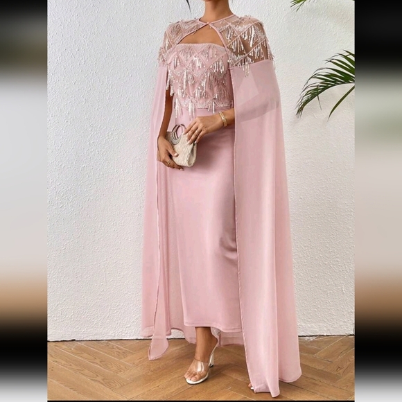 Elegant Two-Piece Set Women Glitter Decorated Shawl Dress 2 Piece Set - Picture 5 of 5